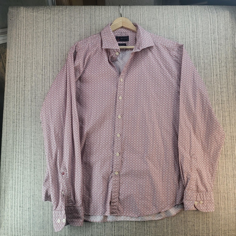 Macson‎ Shirt Mens 5 Red White Geometric Pattern Long Sleeve Button Front Cotton